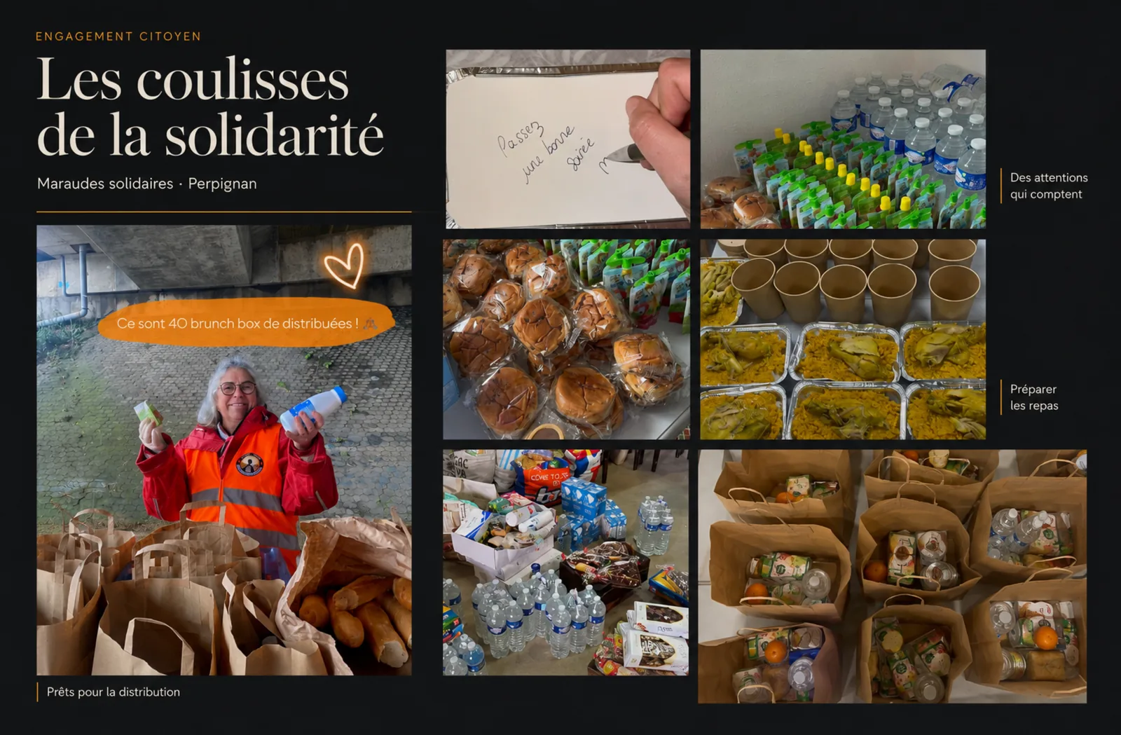 Moodboard du projet, intitulé « Les coulisses de la solidarité » et sous-titré « Maraudes solidaires · Perpignan » : photographies de bénévoles préparant les repas, les boissons et les sacs prêts pour la distribution