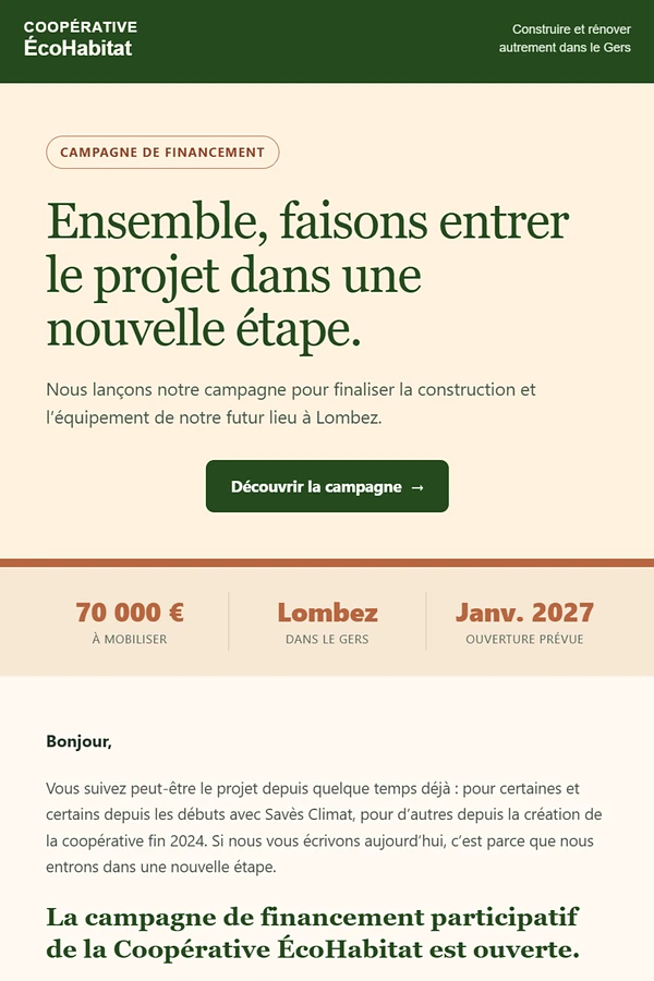 Mailing de lancement de la campagne conçu sur Brevo
