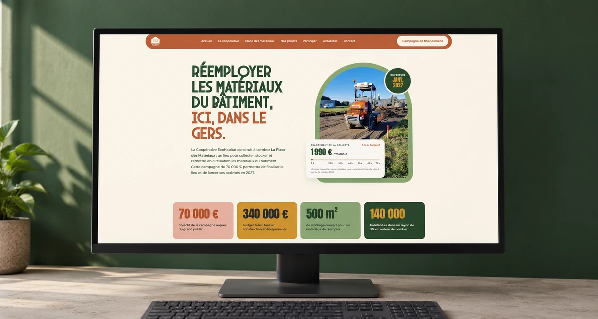 Page web de la campagne La Place des Matériaux affichée sur un écran d’ordinateur