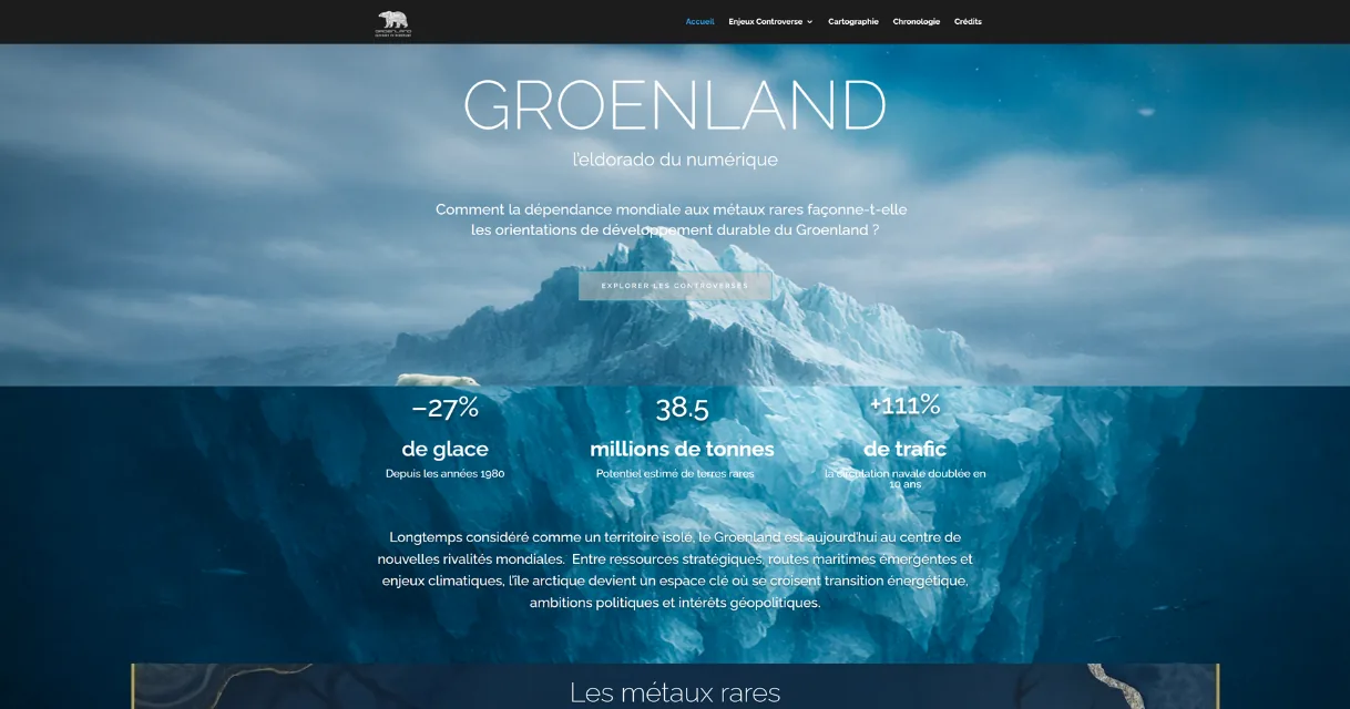 Aperçu du site éditorial Groenland, l’eldorado numérique : page d’accueil et premiers chiffres clés