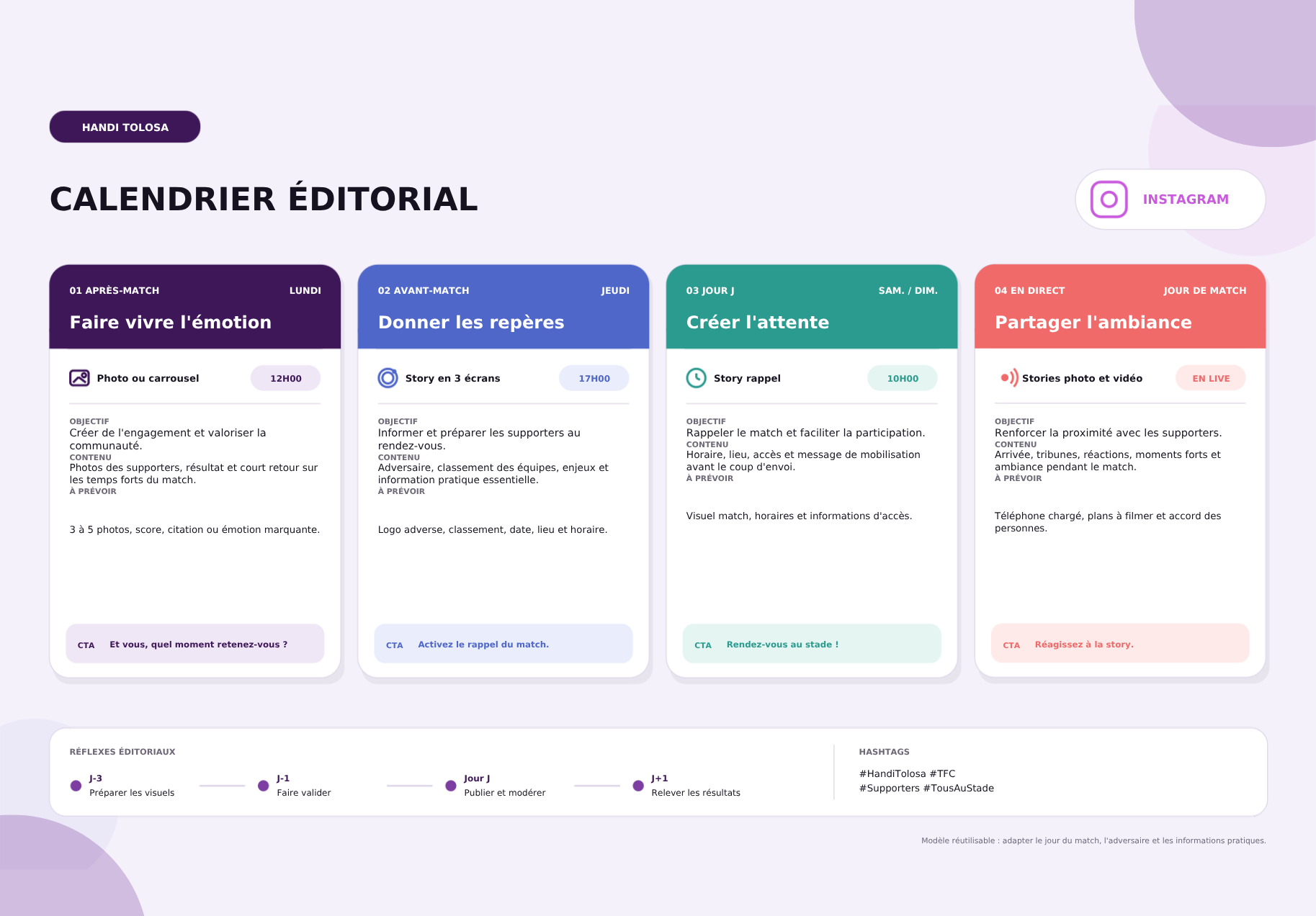Calendrier éditorial Instagram conçu pour Handi Tolosa