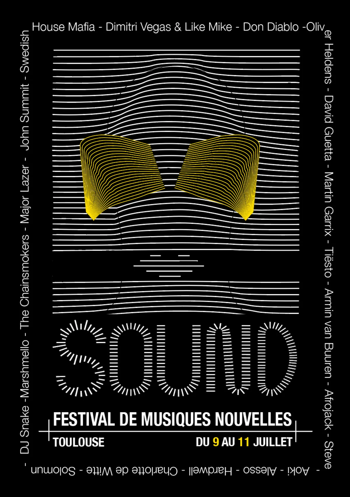 Affiche du festival SOUND, avec une silhouette de lignes ondulées