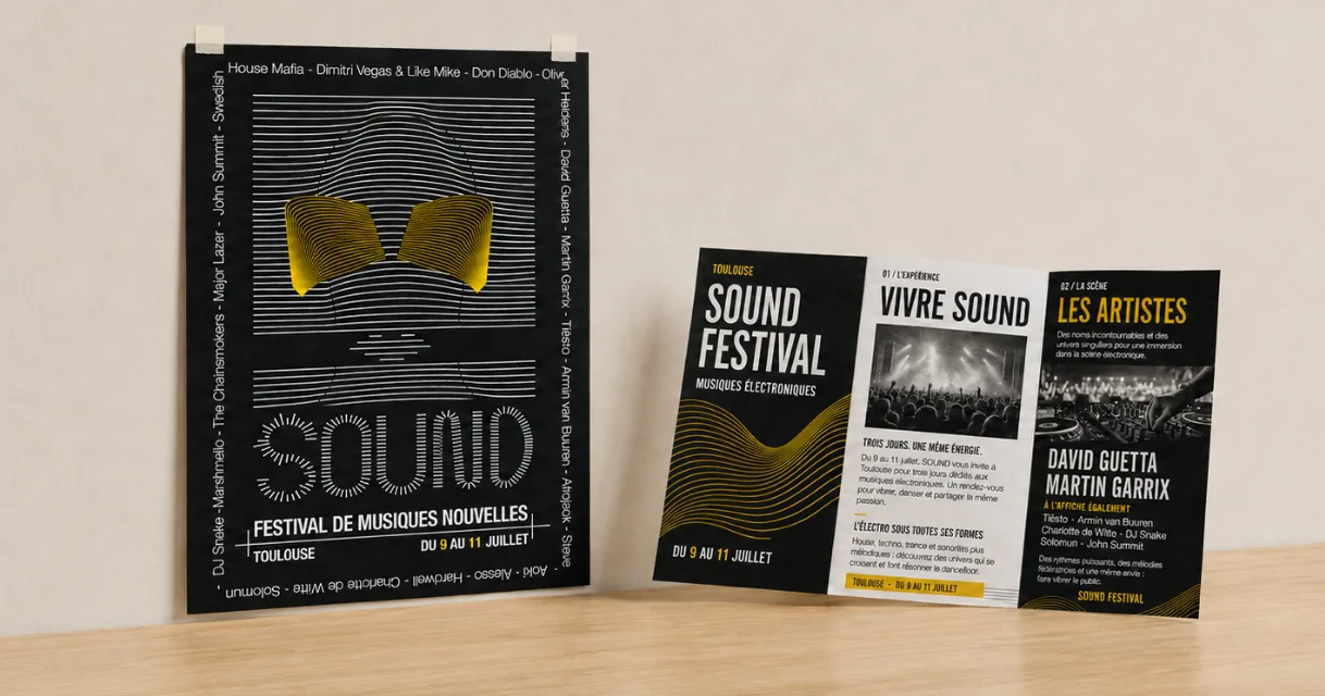 Présentation de l’identité visuelle du festival fictif SOUND : l’affiche A3 et le flyer côte à côte