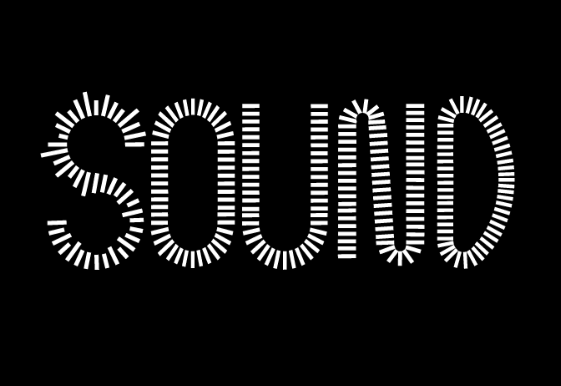Logo SOUND en blanc sur fond noir, composé de barres verticales répétées