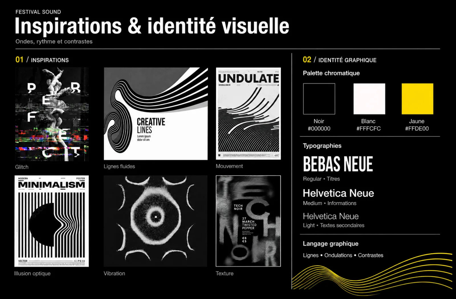 Moodboard de recherche pour l’identité visuelle du festival SOUND : inspirations, palette chromatique et typographies