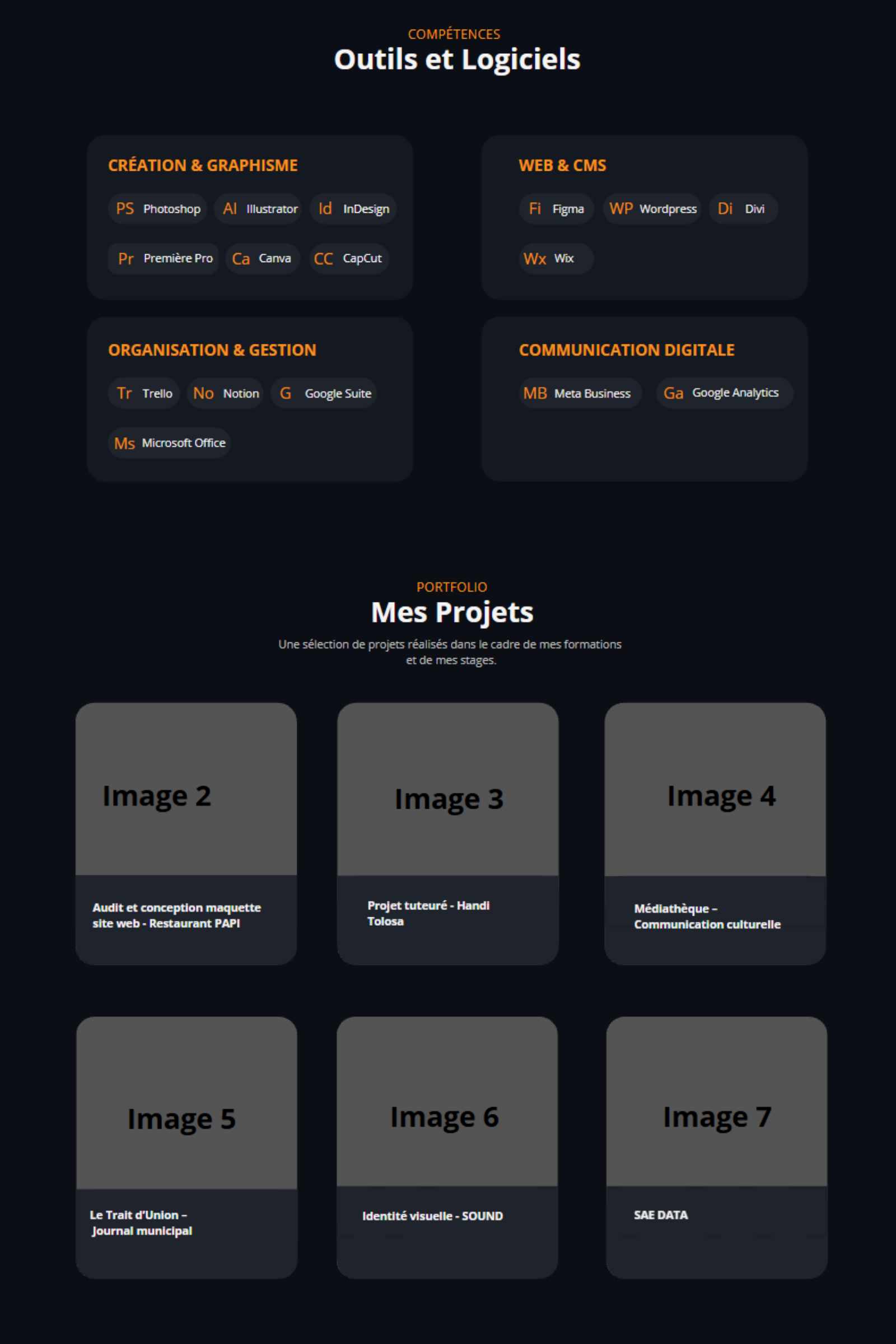 Wireframe vertical de la deuxième édition : la section Outils et logiciels, puis la grille des six projets en blocs d’images légendés